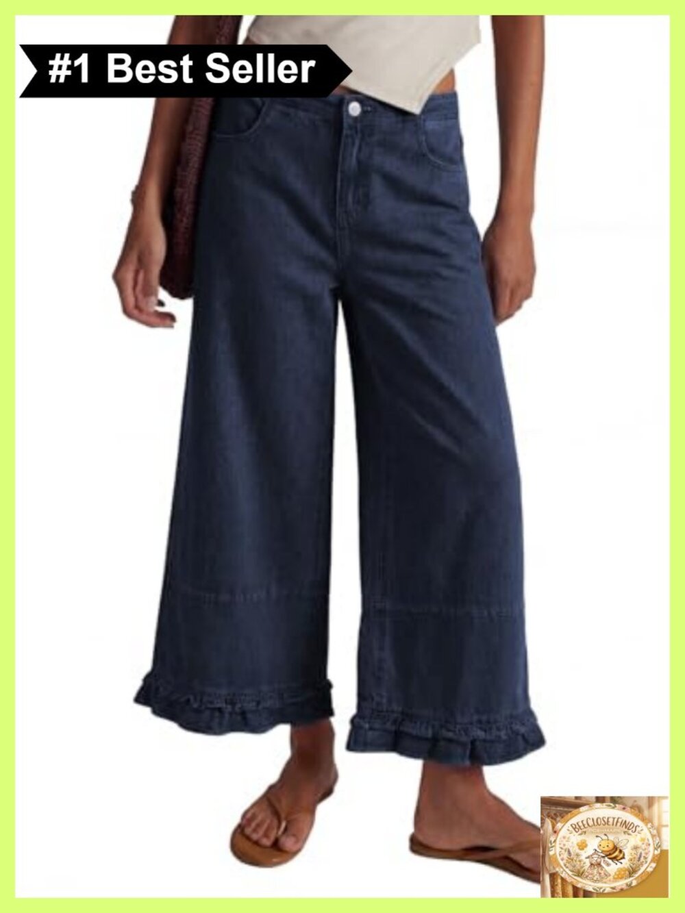 Wide Leg Ruffle Hem Cropped Jeans 100% Cotton Denim Pants